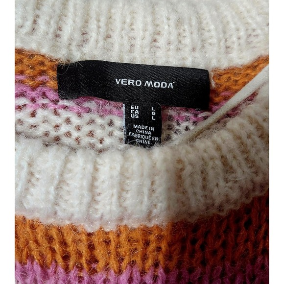 Vero Moda Knit Sweater Orange Pink White Striped Women's Crew Neck, Large - Picture 3 of 3